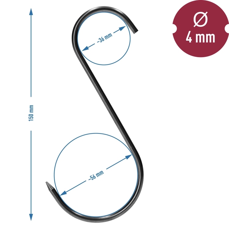 Hak do wędzarni w kształcie "S"150mm, fi 4mm, 5szt