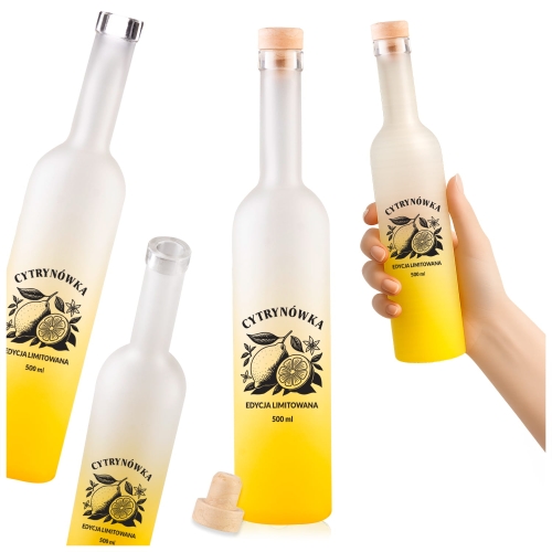 butelka futura 500ml satynowa z nadrukiem cytrynówka, elegancka butelka na nalewkę cytrynową, szkło do domowych nalew.jpg