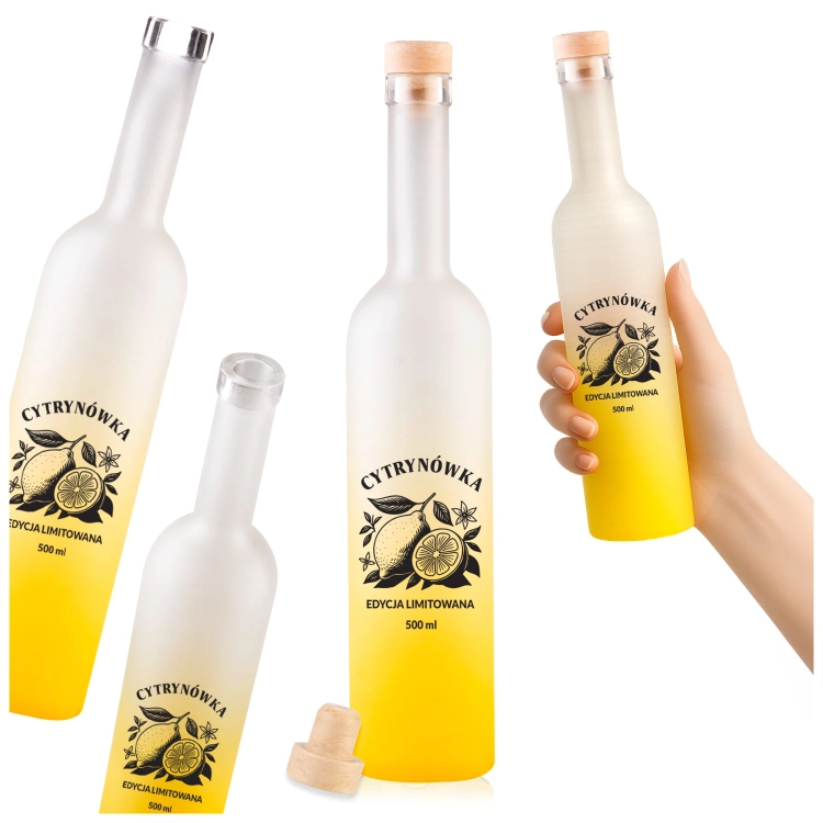 butelka futura 500ml satynowa z nadrukiem cytrynówka, elegancka butelka na nalewkę cytrynową, szkło do domowych nalew.jpg