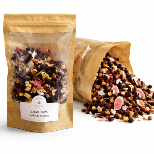 herbata bakaliowa, Bakaliowa Uwertura, herbatka owocowa z rodzynkami, herbata z figą i śliwką, herbatka z hibiskusem i kokosem, owocowa herbata deserowa, herbatka z żurawiną i morelą, aromatyczna herbatka owocowa.jpg