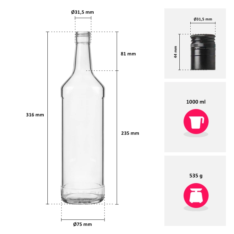 Butelka monopolowa na wódkę 1l z zakrętką, szklana butelka, butelka na sok, butelka na wino, butelka na whisky, butelka na piwo, butelka na nalewki, butelka4.jpg