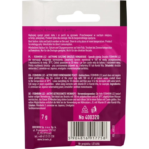 Drożdże do wina BROWIN FERMICRU LS2 (wszystkie rodzaje wina). do wyrobu alkoholu, akcesoria do produktu alkoholu, drożdże do bimbru, drożdże turbo, destylator, zioła i przyprawy2.webp