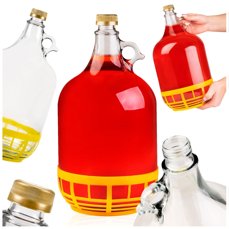 Gąsior DAMA, butelka na wino i bimber 5l w koszu plastikowym z zakrętką.jpg