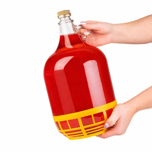 Gąsior DAMA, butelka na wino i bimber 5l w koszu plastikowym z zakrętką.jpg