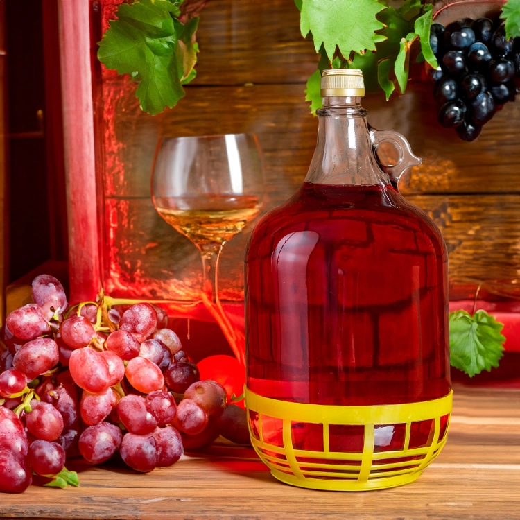 Gąsior DAMA, butelka na wino i bimber 5l w koszu plastikowym z zakrętką2.jpg
