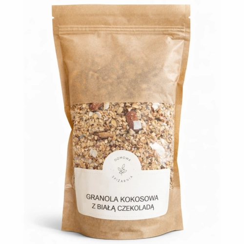 granola kokosowa z białą czekoladą, granola kokosowa, granola z białą czekoladą, chrupiąca granola na śniadanie, granola z kokosem i migdałami, granola do jogurtu, granola premium, kokosowa granola z orzechami.jpg