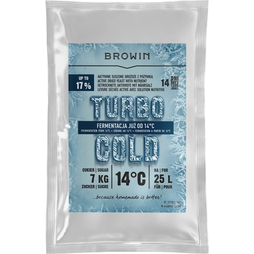 drożdże Turbo Cold, drożdże gorzelnicze do niskiej temperatury, drożdże do nastawu 25 l, drożdże gorzelnicze 120 g, drożdże do 17 alkoholu, aktywne drożdże gorzelnicze, drożdże z pożywką, drożdże do chłodnej fermentacji.webp