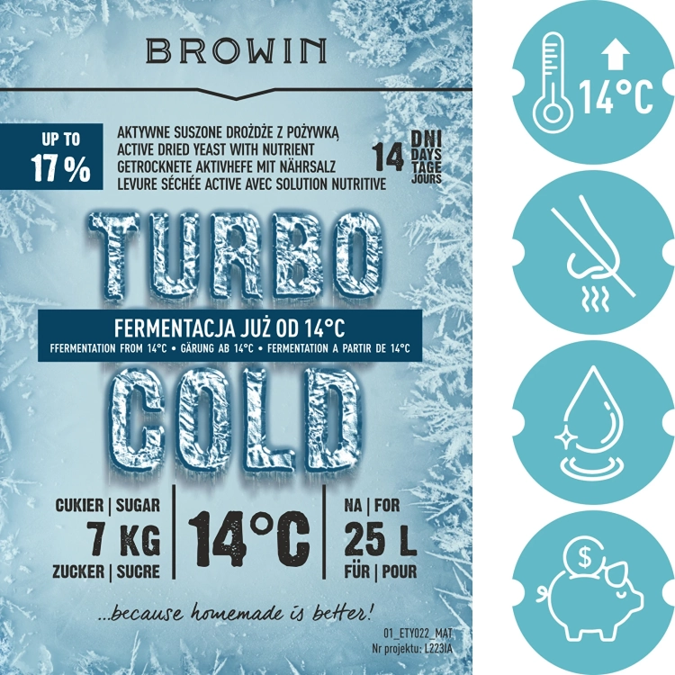 drożdże Turbo Cold, drożdże gorzelnicze do niskiej temperatury, drożdże do nastawu 25 l, drożdże gorzelnicze 120 g, drożdże do 17 alkoholu, aktywne drożdże gorzelnicze, drożdże z pożywką, drożdże do chłodnej fermentacji4.webp