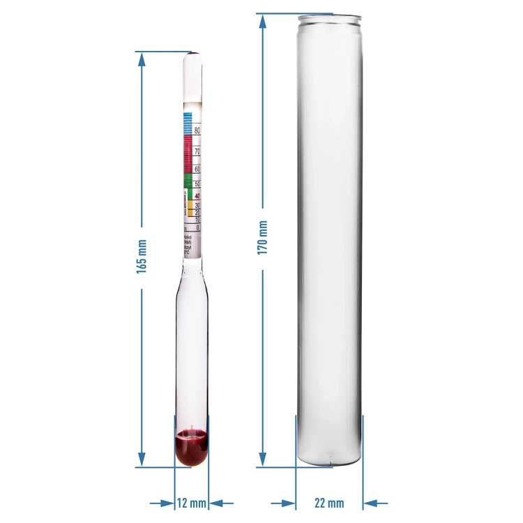 Wskaźnik zawartości alkoholu + menzurka, długość 21cm, zakres 0-100%. Więcej produktów w sklepie www.domowaspizarnia.pl3.webp