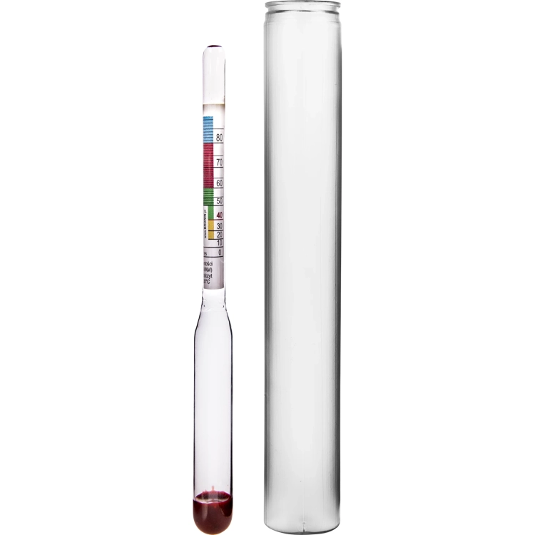 Wskaźnik zawartości alkoholu + menzurka, długość 21cm, zakres 0-100%. Więcej produktów w sklepie www.domowaspizarnia.pl1.webp