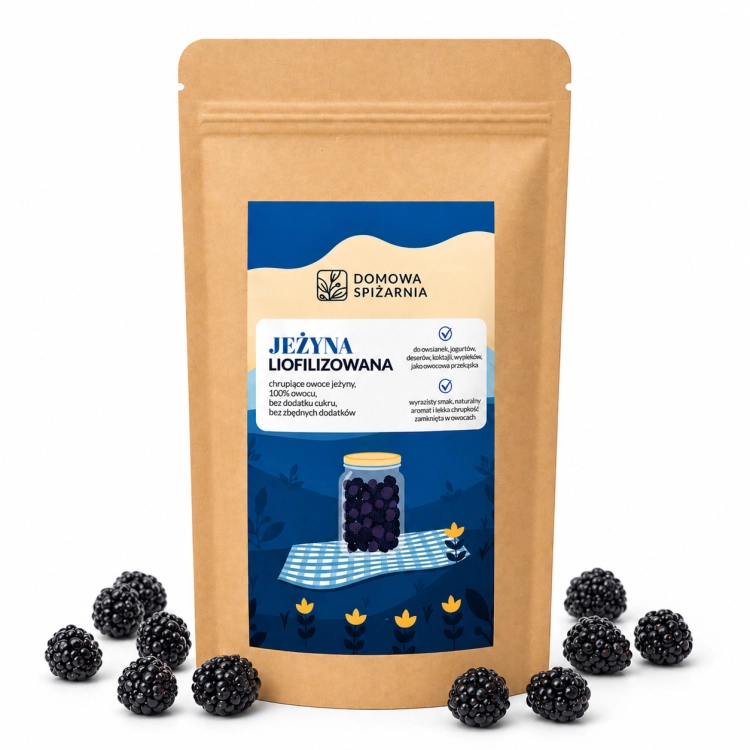 jeżyna liofilizowana, owoce liofilizowane, zdrowe przekąski, jeżyny do deserów, dodatki do wypieków, naturalne owoce bez cukru, jeżyna do smoothie, liofilizowane owoce do owsianki.png