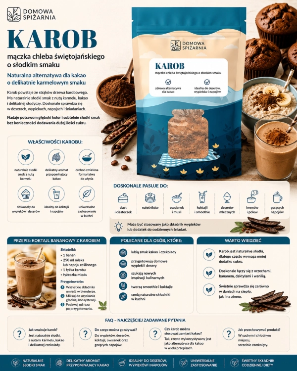 plansza_karob, mączka chleba świętojańskiego, alternatywa dla kakao, karob do wypieków, karob do smoothie, karob zastosowanie, naturalne składniki do deserów, karob proszek.png