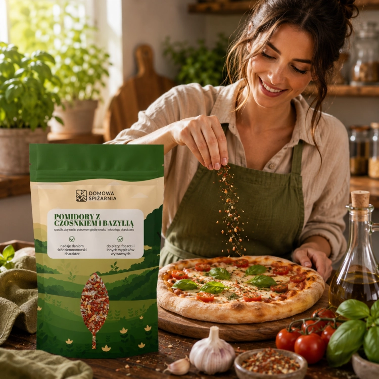 Pomidory z czosnkiem i bazylią to aromatyczne połączenie inspirowane kuchnią włoską. Idealne do makaronów, pizzy, sosów, sałatek oraz śródziemnomorskich potraw (1).png