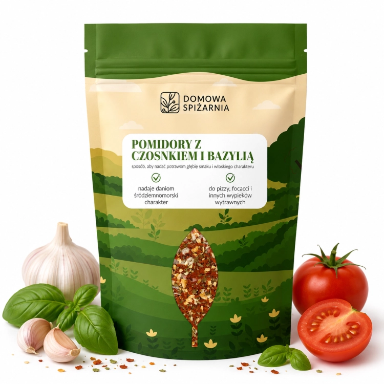 Pomidory z czosnkiem i bazylią to aromatyczne połączenie inspirowane kuchnią włoską. Idealne do makaronów, pizzy, sosów, sałatek oraz śródziemnomorskich potraw (2).png