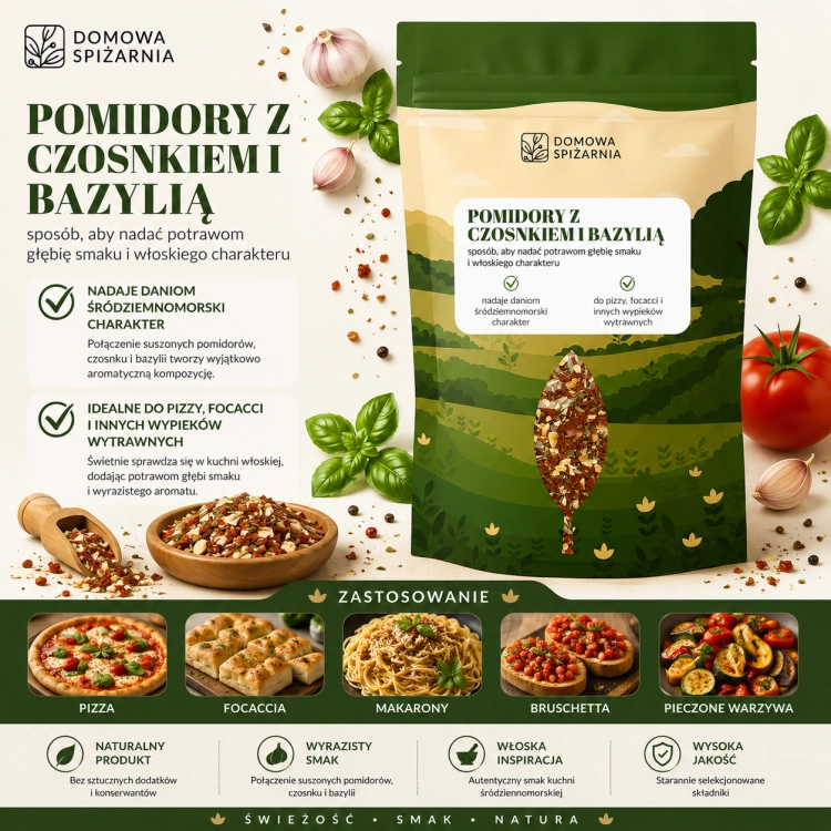 Pomidory z czosnkiem i bazylią to aromatyczne połączenie inspirowane kuchnią włoską. Idealne do makaronów, pizzy, sosów, sałatek oraz śródziemnomorskich potraw (3).png