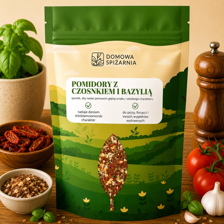 Pomidory z czosnkiem i bazylią to aromatyczne połączenie inspirowane kuchnią włoską. Idealne do makaronów, pizzy, sosów, sałatek oraz śródziemnomorskich potraw (4).png