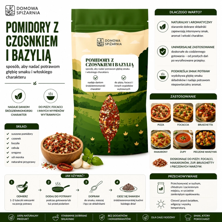 Pomidory z czosnkiem i bazylią to aromatyczne połączenie inspirowane kuchnią włoską. Idealne do makaronów, pizzy, sosów, sałatek oraz śródziemnomorskich potraw (5).png