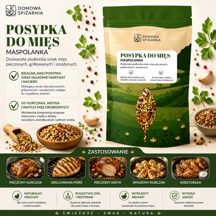 Posypka do Mięs Maspolanka z marchwią, papryką, cebulą, gorczycą i pieprzem. Idealna do pieczonych mięs, wędlin, szynek oraz pasztetów (2).png