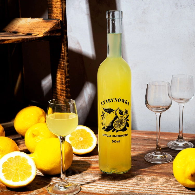 butelka futura 500ml satynowa z nadrukiem cytrynówka, elegancka butelka na nalewkę cytrynową, szkło do domowych nalewek (2.jpg