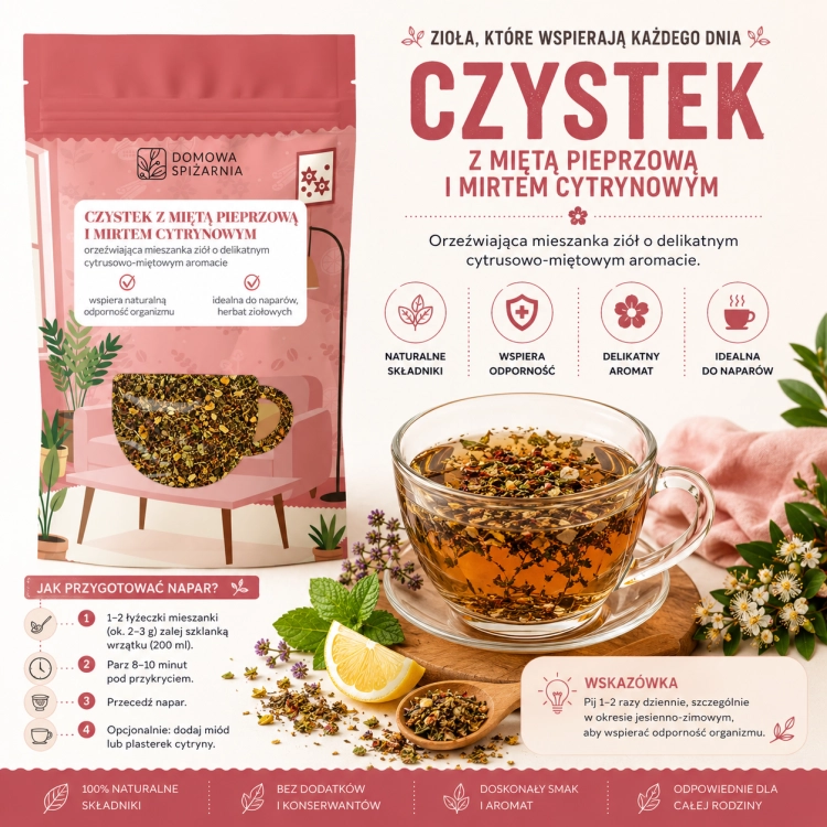 Czystek z miętą pieprzową i mirtem cytrynowym to aromatyczna mieszanka ziół o świeżym, ziołowo-cytrusowym smaku. Idealna do przygotowania naparów na ciepło i na zimn (1).png