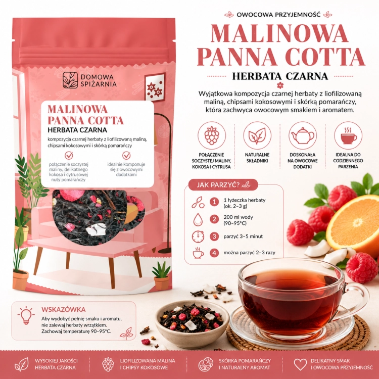 herbata malinowa panna cotta, herbata malinowa, czarna herbata z maliną, herbata z kokosem, herbata z pomarańczą, herbata deserowa, herbata liściasta z malinami, .png