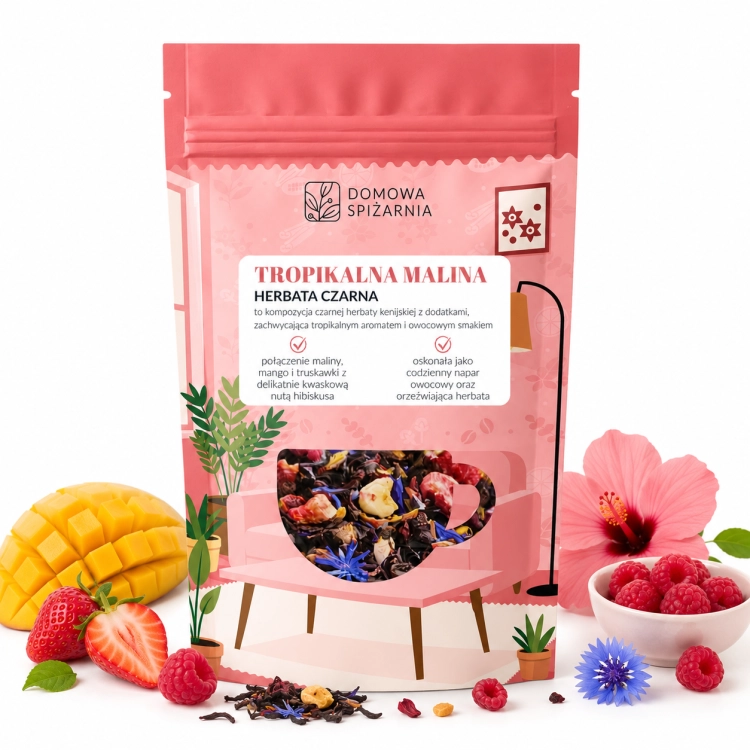 herbata Tropikalna Malina, herbata owocowa, herbata z maliną, herbata z mango, herbata z truskawką, herbata z hibiskusem, napar owocowy, herbata z owocami liofilizowanymi, .png