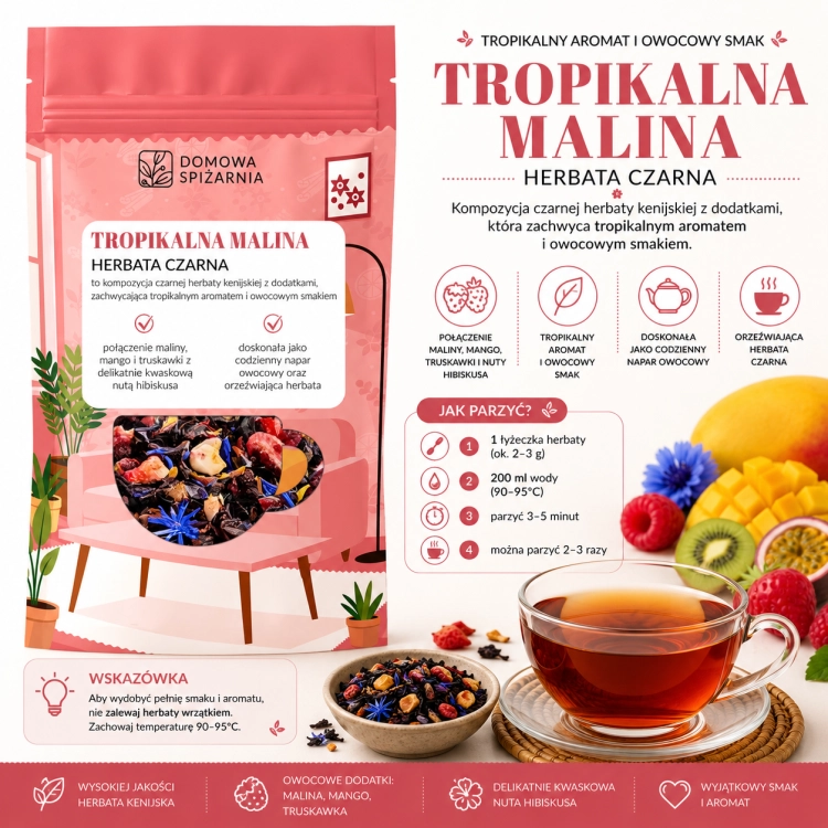 herbata Tropikalna Malina, herbata owocowa, herbata z maliną, herbata z mango, herbata z truskawką, herbata z hibiskusem, napar owocowy, herbata z owocami liofilizowanymi, he (1).png