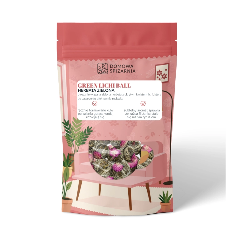 green lichi ball, herbata green lichi ball, herbata kwitnąca, zielona herbata kwitnąca, flowering tea, herbata w kulce, zielona herbata premium, herbata prezentowa, ręczni.png