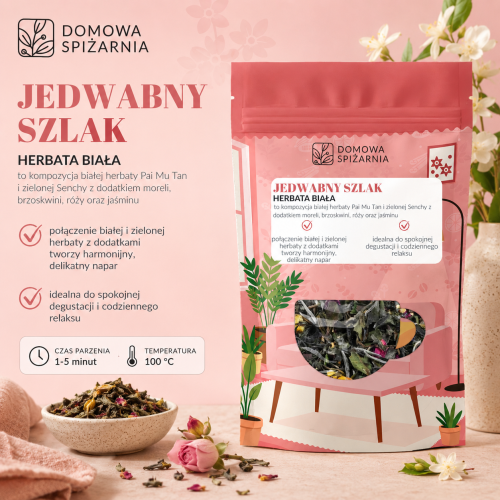 Jedwabny Szlak, herbata Jedwabny Szlak, biała herbata Pai Mu Tan, zielona herbata Sencha, herbata z morelą, herbata z brzoskwinią, herbata z różą, herbata z jaśminem, herb (1).png