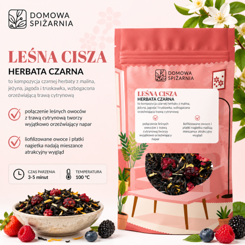 Leśna Cisza, herbata Leśna Cisza, czarna herbata z owocami, herbata z maliną, herbata z jeżyną, herbata z jagodą, herbata z trawą cytrynową, herbata z nagietkiem, czarna h.png