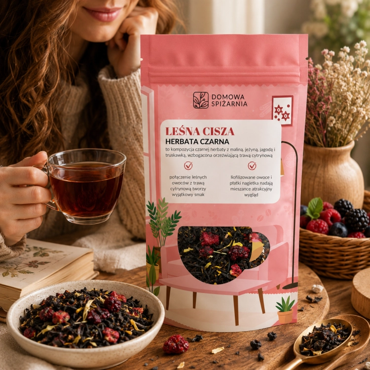 Leśna Cisza, herbata Leśna Cisza, czarna herbata z owocami, herbata z maliną, herbata z jeżyną, herbata z jagodą, herbata z trawą cytrynową, herbata z nagietkiem, czarna h (4).png
