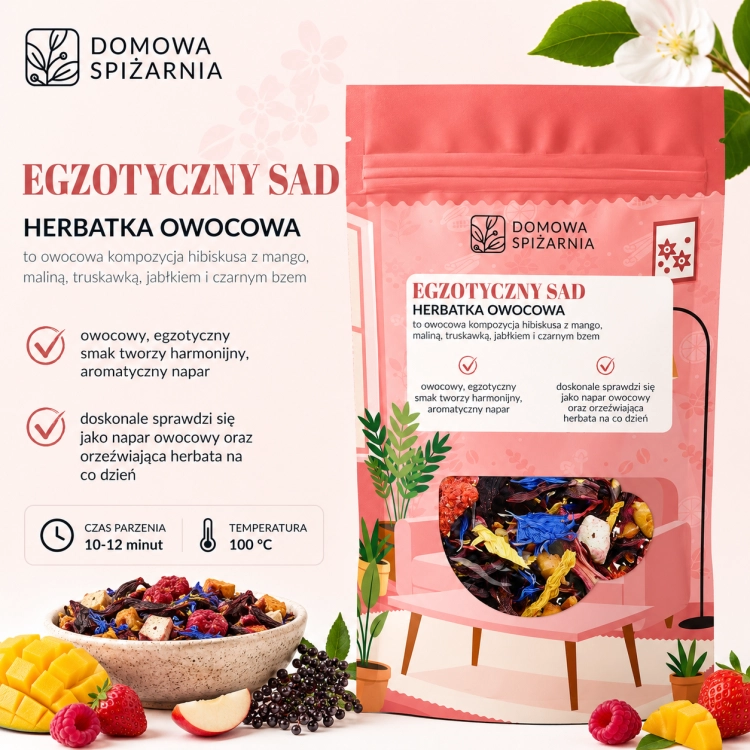 Egzotyczny Sad, herbatka Egzotyczny Sad, herbata owocowa, herbatka owocowa, herbata z mango, herbata z maliną, herbata z truskawką, herbata z hibiskusem, napar owocowy, (1).png