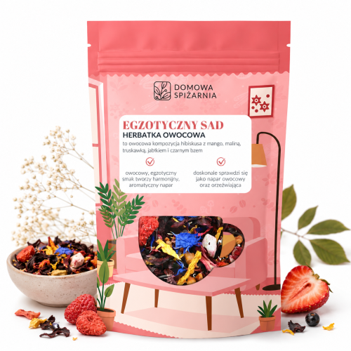 Egzotyczny Sad, herbatka Egzotyczny Sad, herbata owocowa, herbatka owocowa, herbata z mango, herbata z maliną, herbata z truskawką, herbata z hibiskusem, napar owocowy,.png