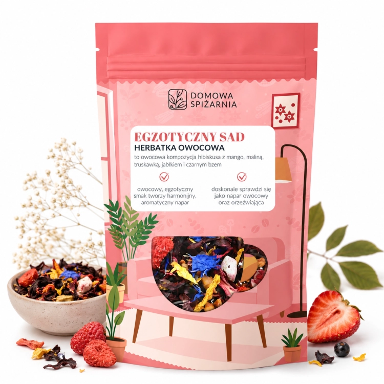 Egzotyczny Sad, herbatka Egzotyczny Sad, herbata owocowa, herbatka owocowa, herbata z mango, herbata z maliną, herbata z truskawką, herbata z hibiskusem, napar owocowy,.png
