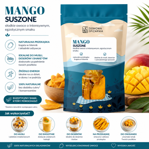 mango suszone, suszone mango, mango naturalne, mango bez dodatku cukru, owoce suszone, egzotyczne owoce, zdrowa przekąska, bakalie, mango do owsianki, mango do deserów, mango premium (.png