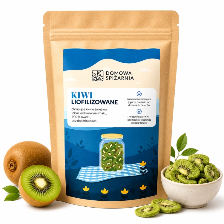 Kiwi liofilizowane 100% to chrupiąca, naturalna przekąska bez dodatku cukru. Idealne do owsianek, jogurtów, musli, smoothie, deserów i wypieków (1).png
