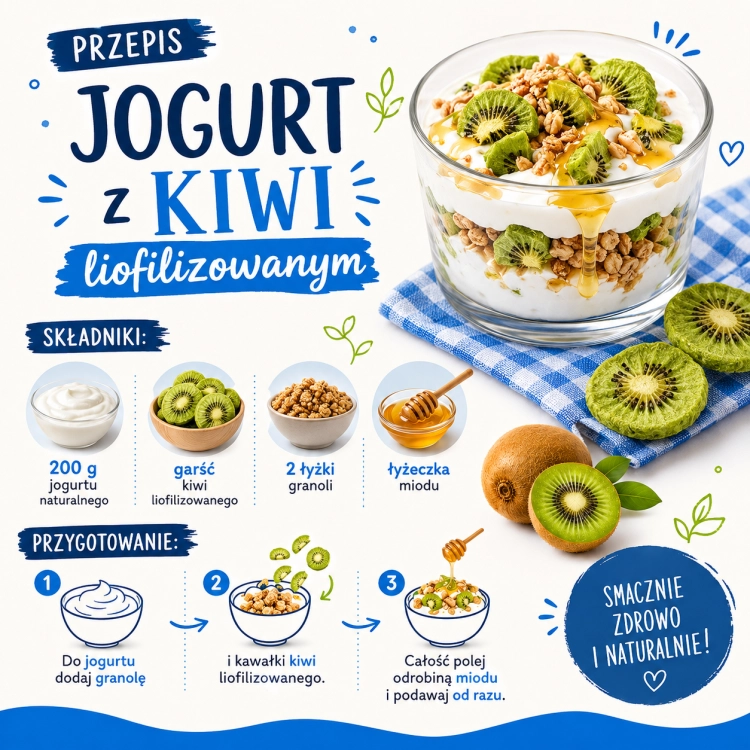 Kiwi liofilizowane 100% to chrupiąca, naturalna przekąska bez dodatku cukru. Idealne do owsianek, jogurtów, musli, smoothie, deserów i wypieków (3).png