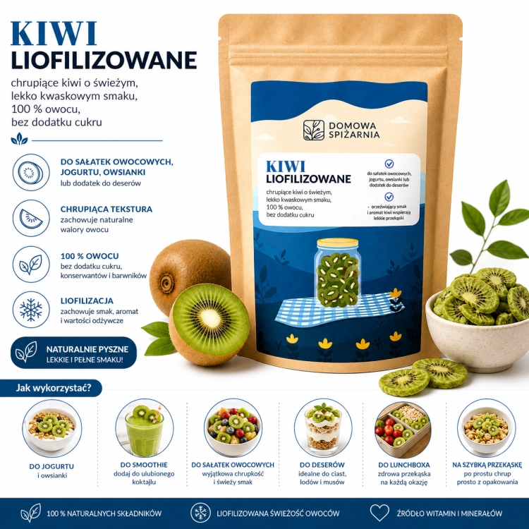 Kiwi liofilizowane 100% to chrupiąca, naturalna przekąska bez dodatku cukru. Idealne do owsianek, jogurtów, musli, smoothie, deserów i wypieków 5.png