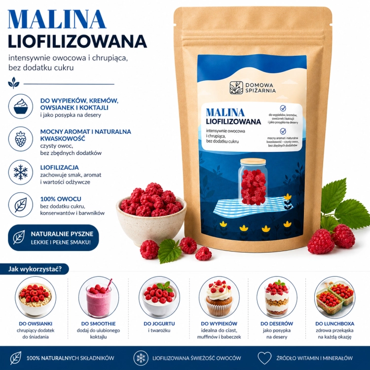 malina liofilizowana, liofilizowane maliny, owoce liofilizowane, maliny do owsianki, maliny do jogurtu, maliny do musli, maliny do smoothie, maliny do deserów, naturalna przekąs.png