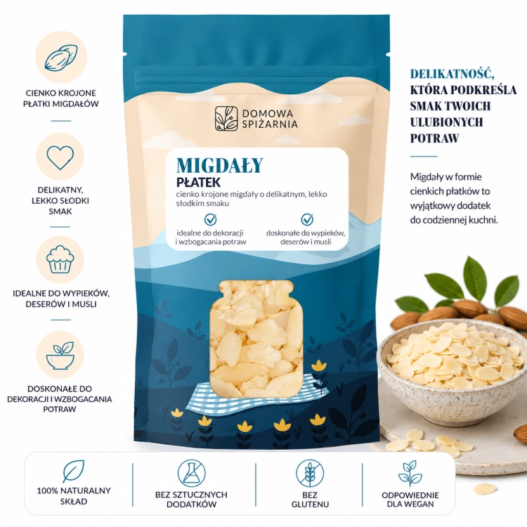 migdały w płatkach, płatki migdałowe, migdały płatkowane, migdały do ciast, migdały do deserów, migdały do owsianki, migdały do musli, migdały do sałatek, bakalie premium, naturalne m (5).png