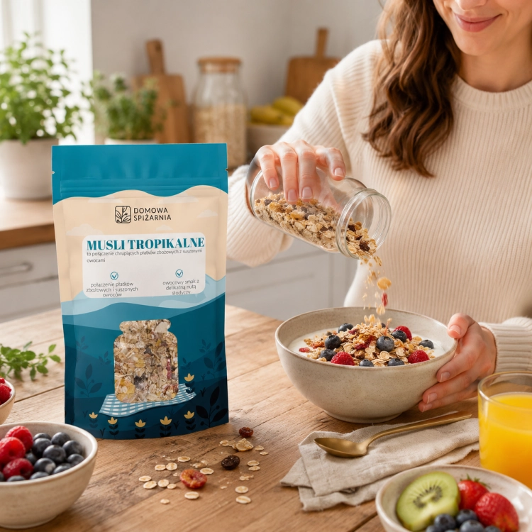 musli tropikalne, musli z owocami tropikalnymi, musli z mango, musli z ananasem, musli z papają, egzotyczne musli, musli owocowe, musli śniadaniowe, chrupiące musli, musli do mleka,.png