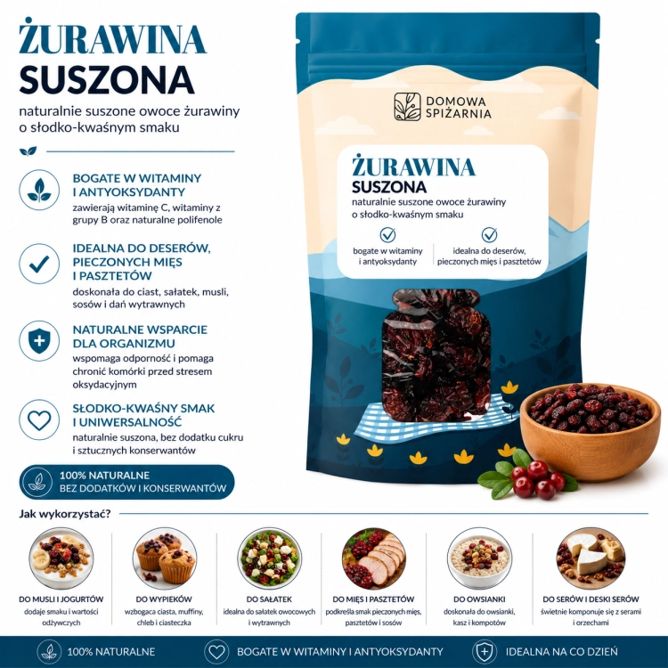 żurawina suszona, suszona żurawina, żurawina do owsianki, żurawina do musli, żurawina do sałatek, żurawina do ciast, żurawina do deserów, suszone owoce, naturalna przekąska, bakalie, żurawi.png