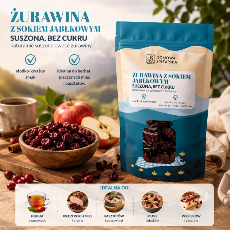 żurawina suszona bez cukru, żurawina z sokiem jabłkowym, suszona żurawina bez cukru, żurawina słodzona sokiem jabłkowym, żurawina do owsianki, żurawina do musli, żurawina d (1).png