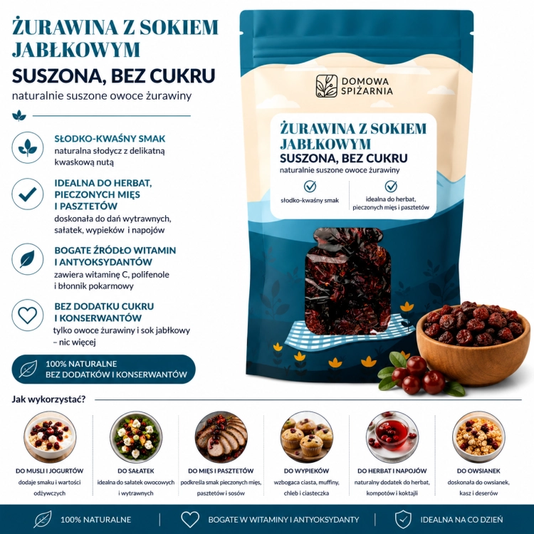 żurawina suszona bez cukru, żurawina z sokiem jabłkowym, suszona żurawina bez cukru, żurawina słodzona sokiem jabłkowym, żurawina do owsianki, żurawina do musli, żurawina.png