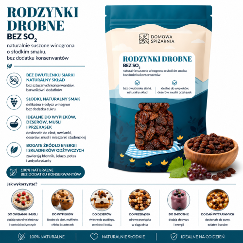 rodzynki drobne bez SO2, rodzynki bez SO2, rodzynki bez dwutlenku siarki, rodzynki naturalne, rodzzynki do musli, rodzynki do owsianki, rodzynki do ciast, rodzynki do deserów, suszone winog (5).png