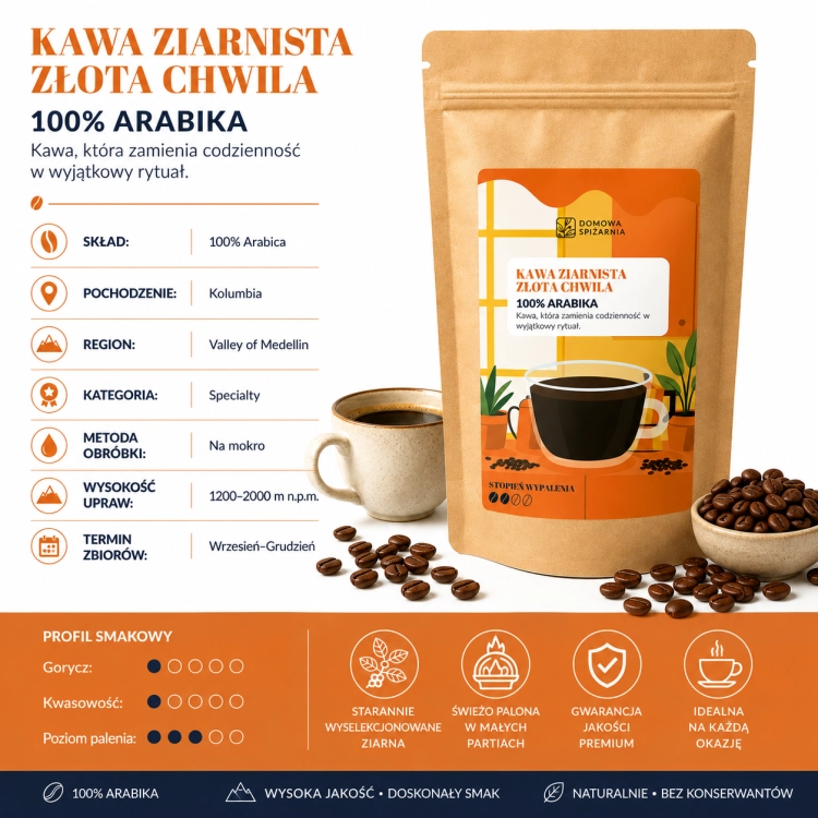 kawa ziarnista Złota Chwila, kawa specialty, kawa 100% arabica, kawa kolumbijska, kawa ziarnista Kolumbia, kawa z Medellin, kawa z nutą karmelu, kawa z nutą czekolady, kawa o niski.png