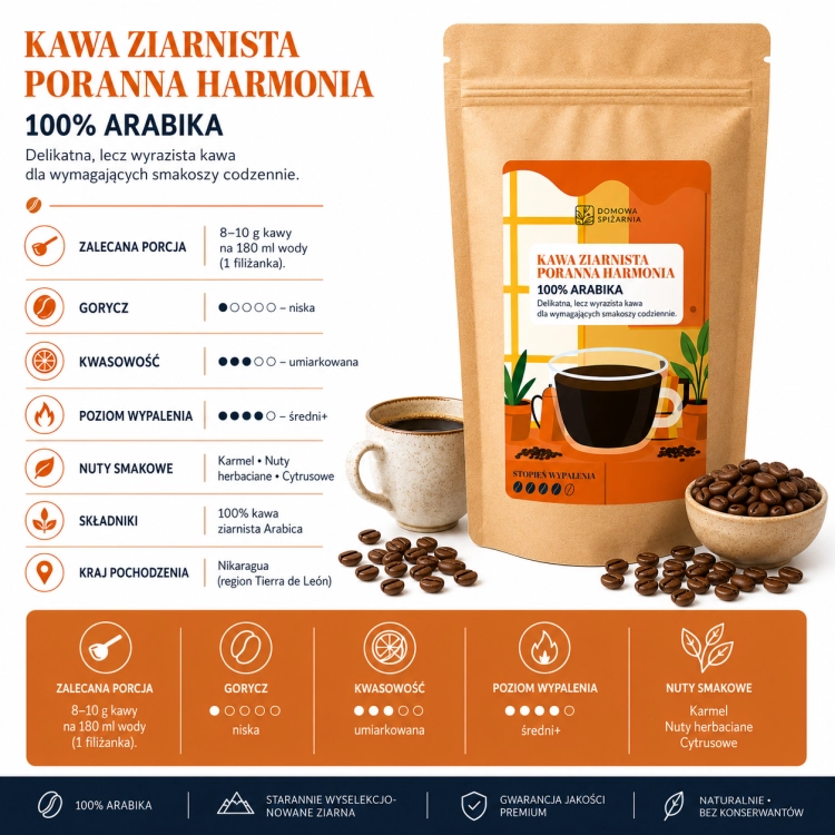kawa ziarnista Poranna Harmonia, kawa specialty Nikaragua, kawa 100% arabica, kawa z Nikaragui, kawa ziarnista premium, kawa karmelowa, kawa z nutami herbacianymi, kawa z nutą cy (1).png