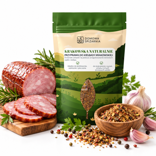 Krakowska Naturalnie – przyprawa do kiełbasy krakowskiej z czosnkiem, pieprzem, ostrą papryką i zielem angielskim – Domowa Spiżarnia (2).png