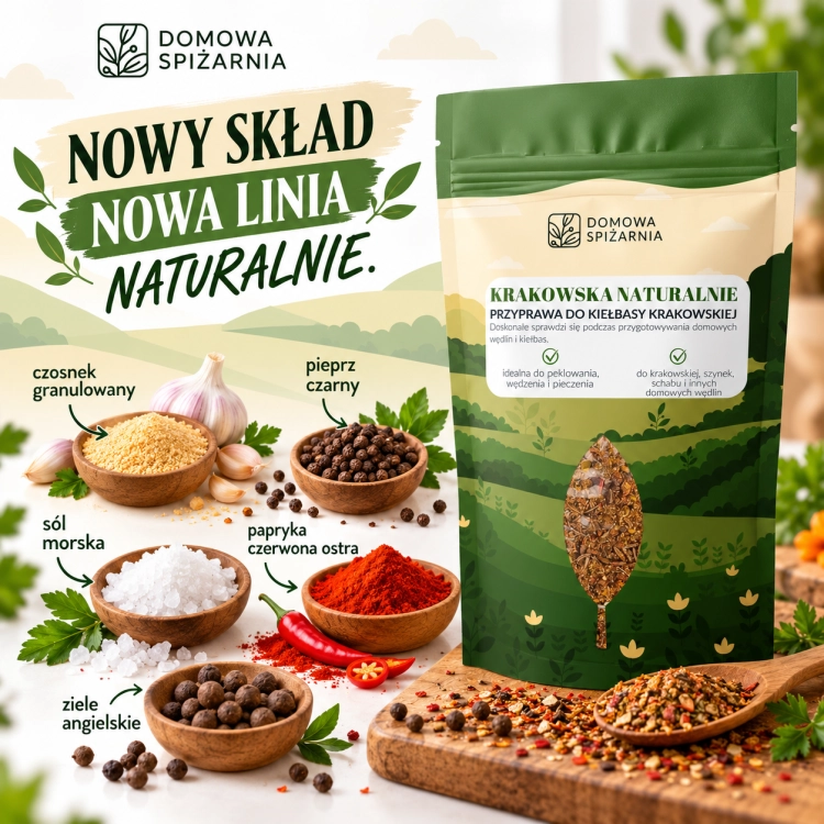 Krakowska Naturalnie – przyprawa do kiełbasy krakowskiej z czosnkiem, pieprzem, ostrą papryką i zielem angielskim – Domowa Spiżarnia (4).png