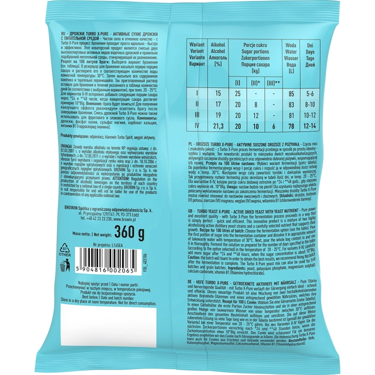 Drożdże gorzelnicze do bimbru Turbo X-PURE 21,3%, na 100l, 360g